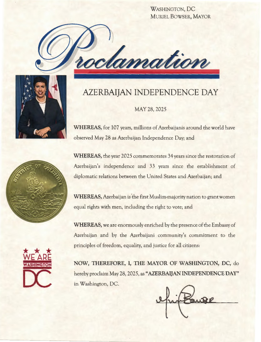 Washington Mayor issues proclamation on Azerbaijan’s Independence Day Xeber basligi